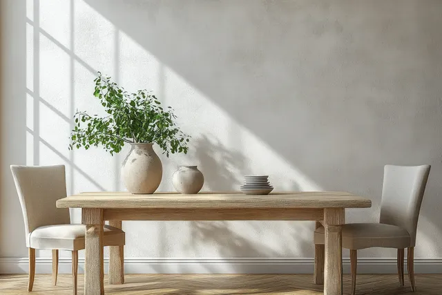 Light wooden dining table with greenery in a vase and two chairs in a bright minimalist Scandinavian room.