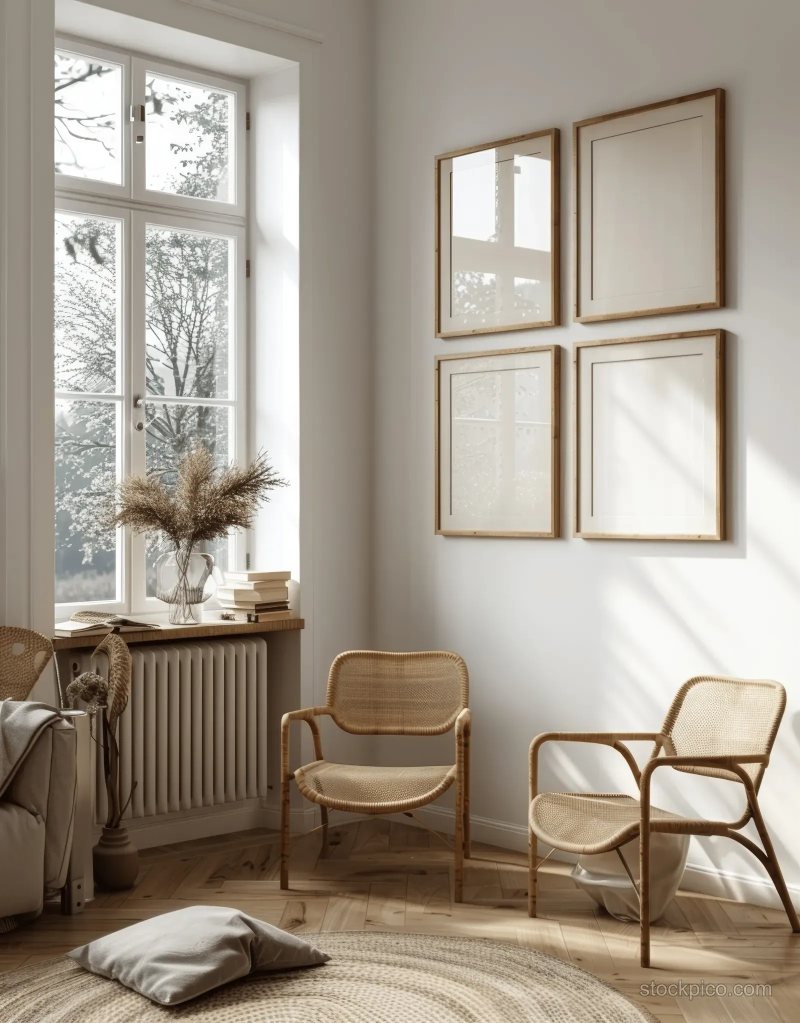 Scandinavian living room with framed wall art, a chair by a bright window, and a wooden cabinet with a flower pot and book.