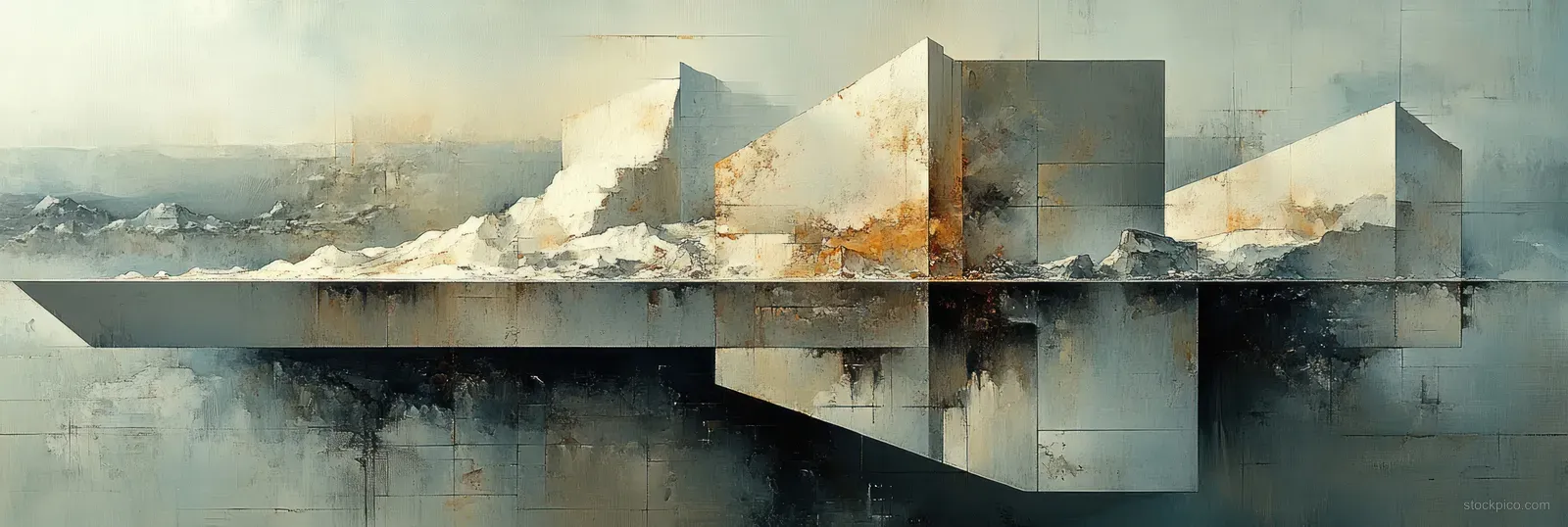 Layered abstract geometric shapes in muted tones with textured shadows.