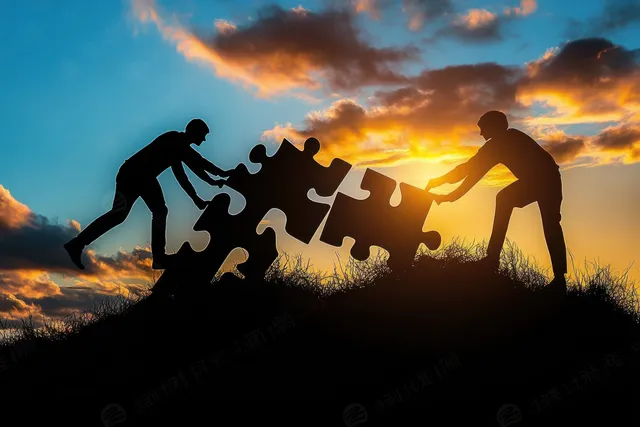Silhouetted team pushes puzzle pieces up a hill at sunset, symbolizing teamwork and success.