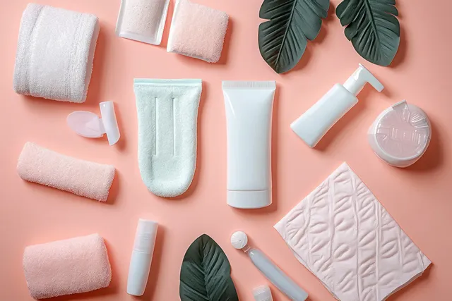 Feminine menstrual care products, including pads and tampon, arranged on a pink background.