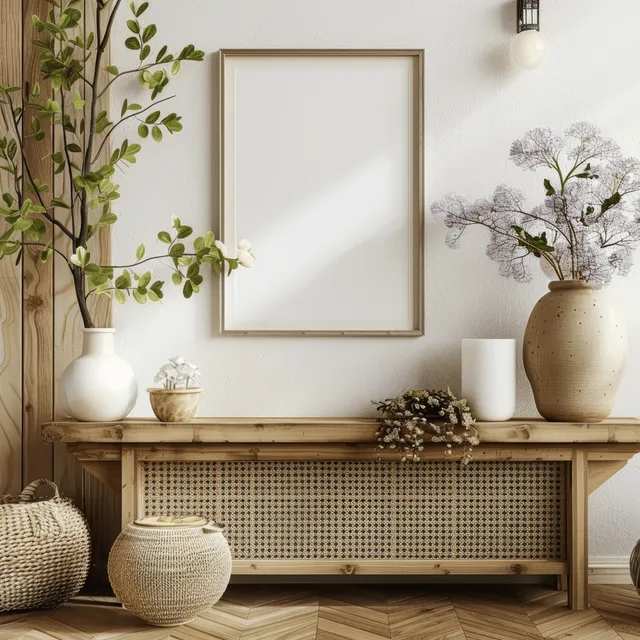 3D mockup poster frame on Scandinavian console wall with plants and soft daylight