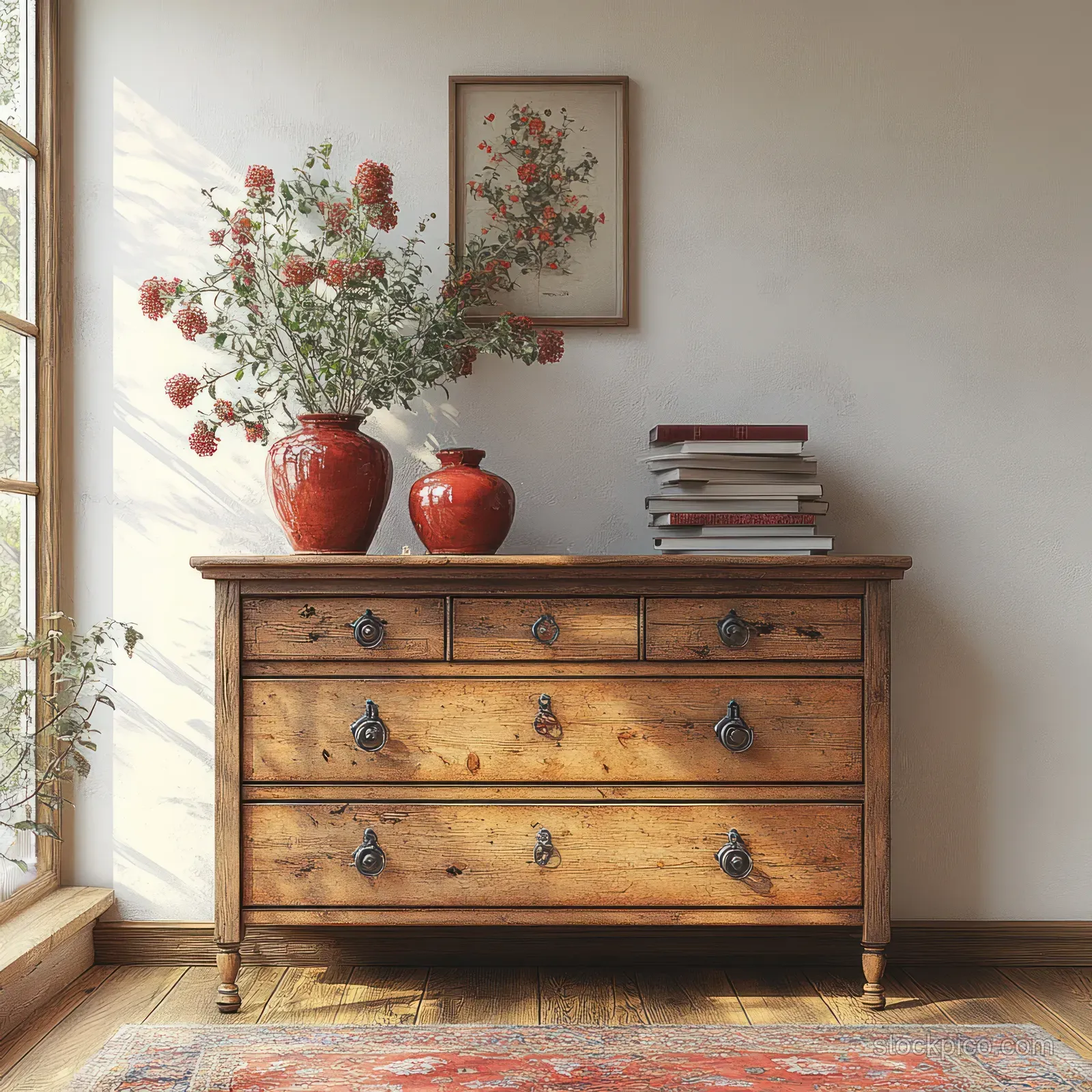 Rustic wooden dresser with drawers, red vases and stacked books beside a bright window.