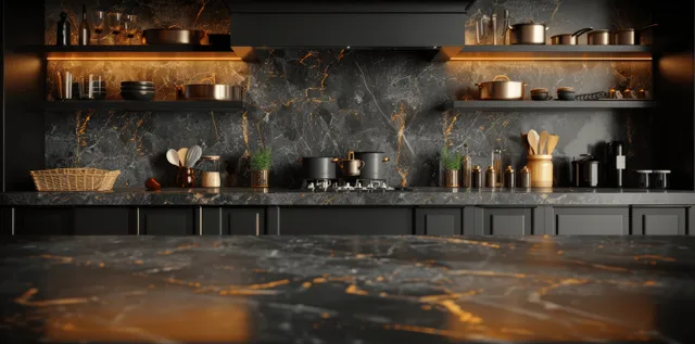 Black marble kitchen countertop in front of dark gray cabinets with warm golden lighting and arranged cookware.