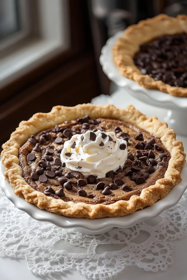 Two golden crust chocolate chip pies on white stands near a window, one topped with whipped cream and chocolate chips.