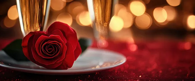 A red rose on a plate beside champagne glasses with warm bokeh lights in the background.