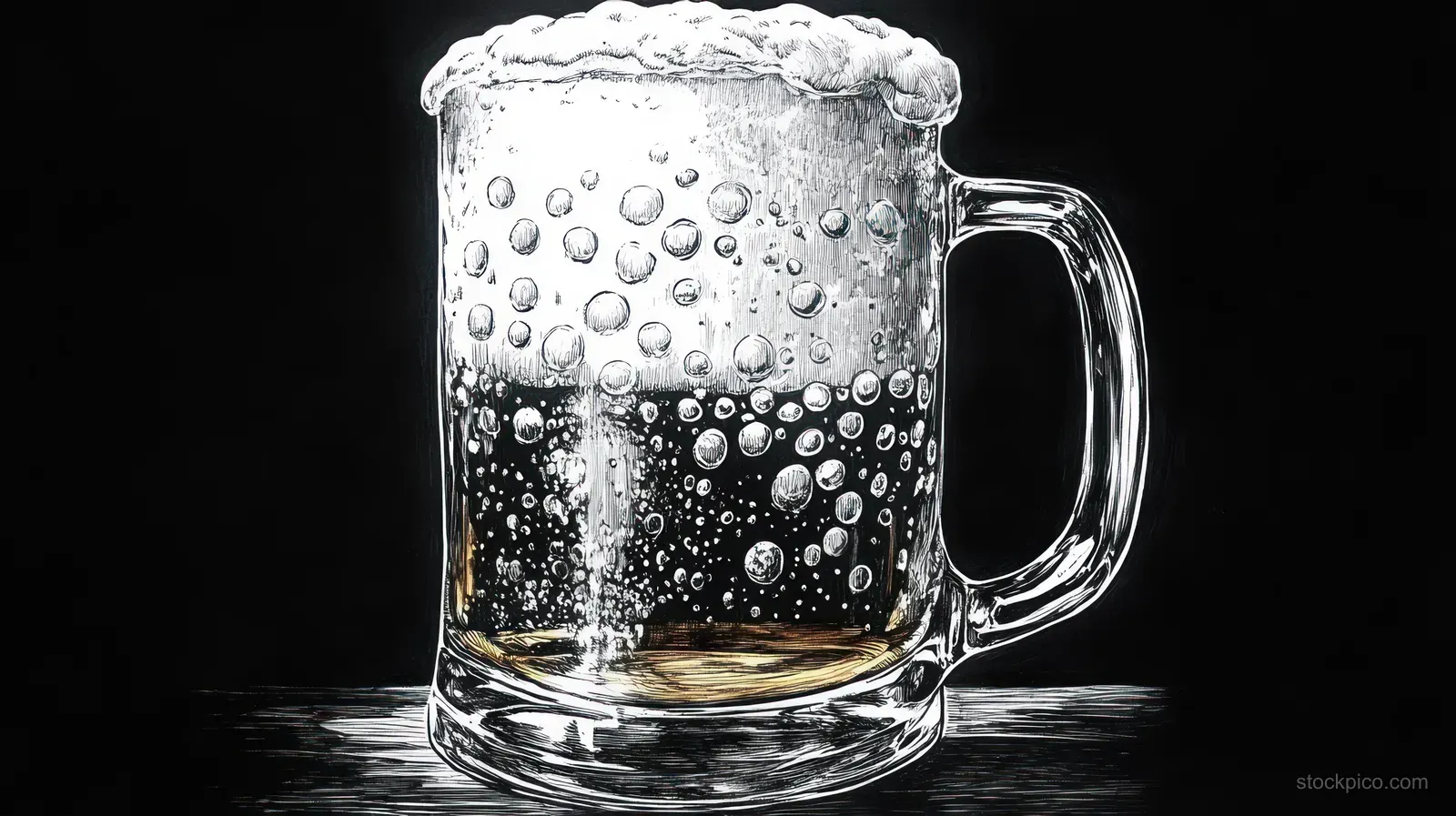 Transparent beer mug illustration with fizzy bubbles and frothy foam on a dark background