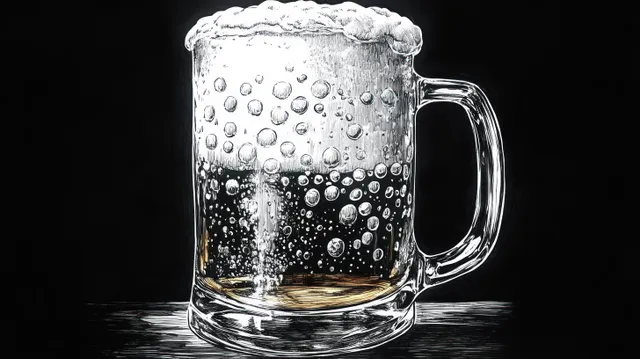 Transparent beer mug illustration with fizzy bubbles and frothy foam on a dark background