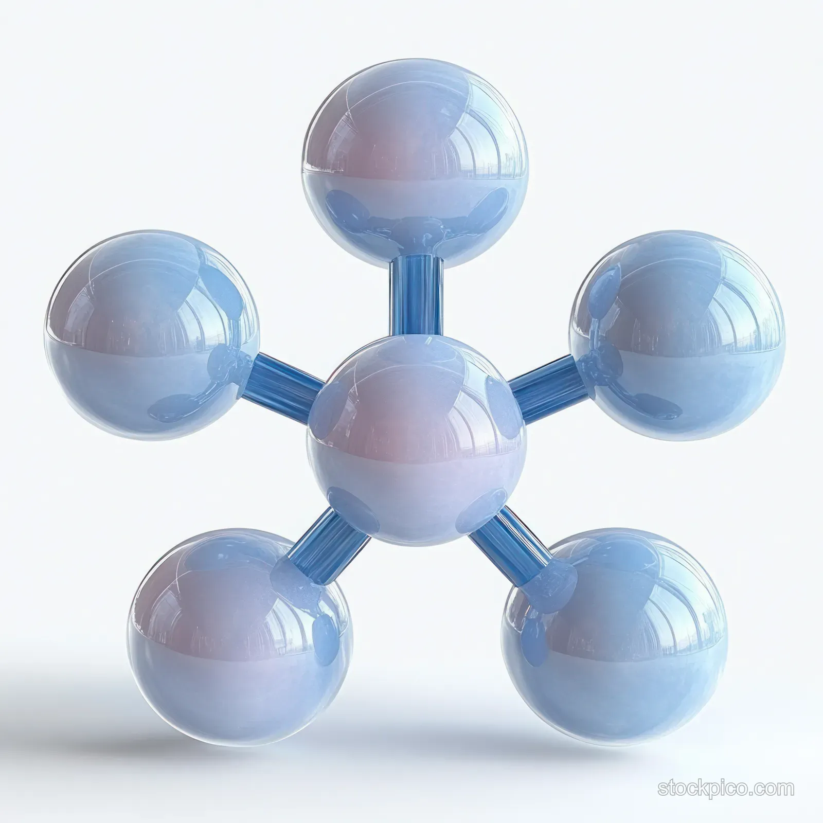 Central pink sphere connected to five glossy blue spheres by cylindrical rods in a 3D molecular model on white.