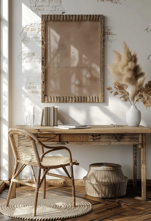 3D render frame mockup hangs on a boho wall above a wooden console, with a rattan chair and dried pampas grass nearby.
