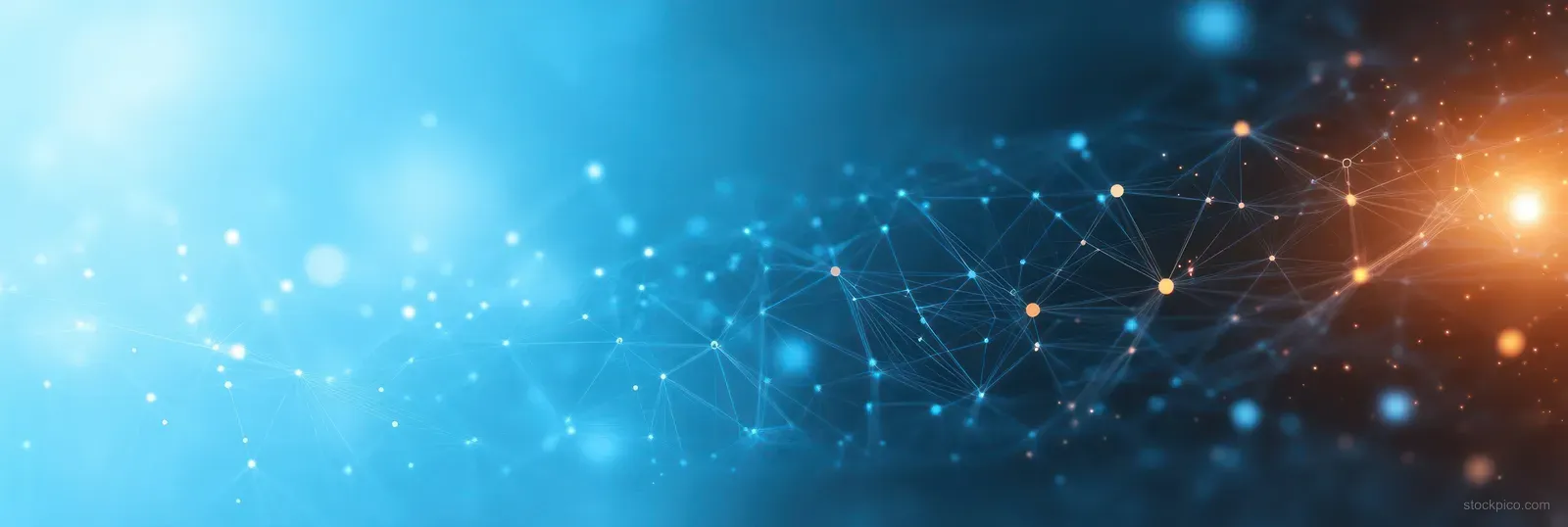 Glowing connected network nodes and lines across a blue gradient technology background with soft light particles.