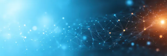 Glowing connected network nodes and lines across a blue gradient technology background with soft light particles.