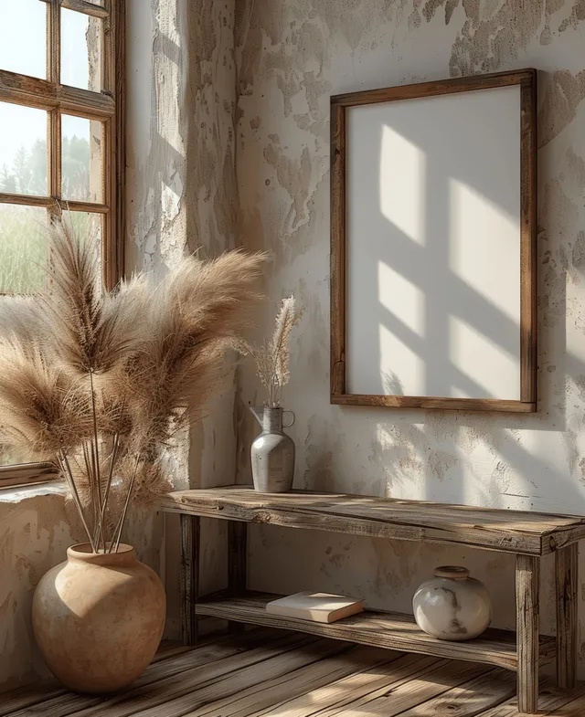 Boho living room corner with a blank vertical picture frame on a wooden shelf and pampas grass in a vase.