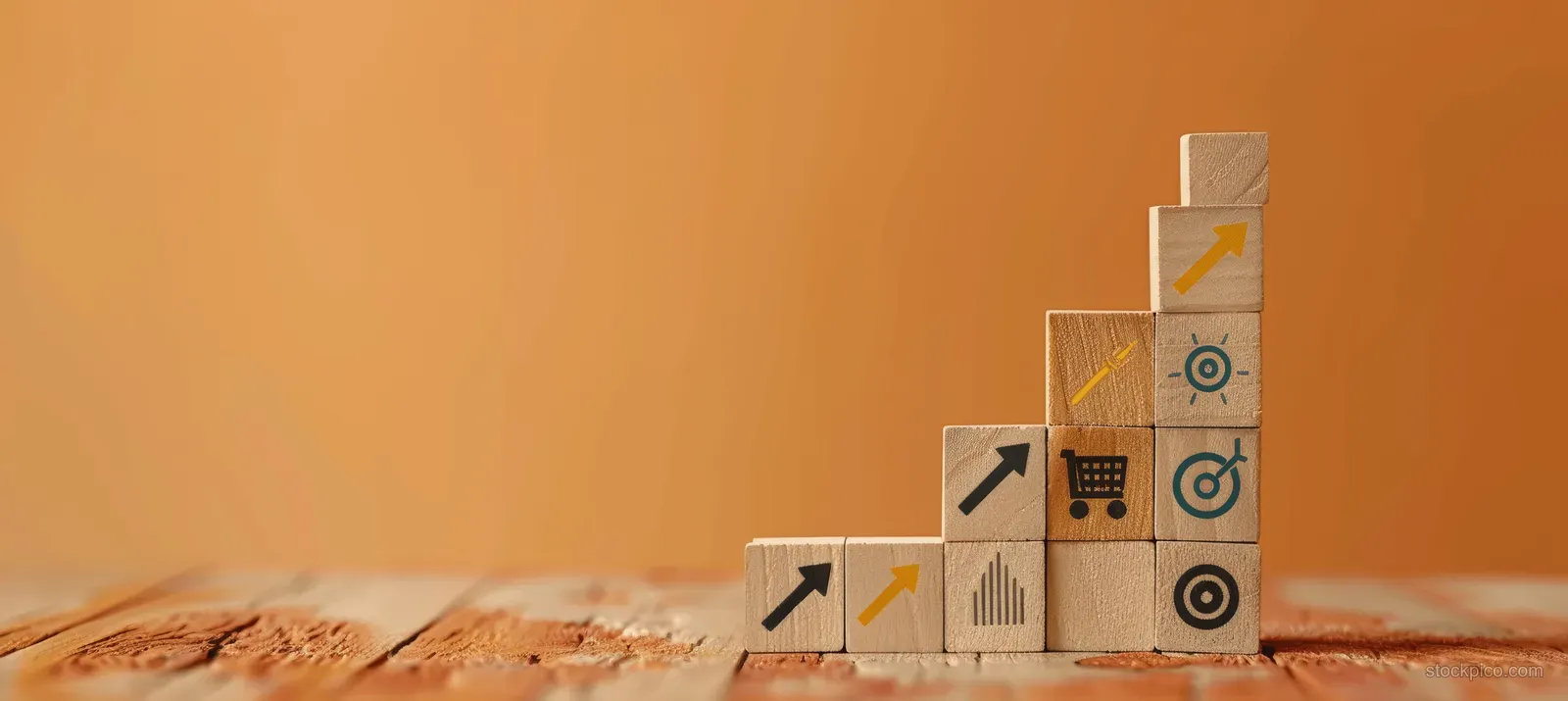Wooden blocks stacked in steps with growth icons on an orange background.