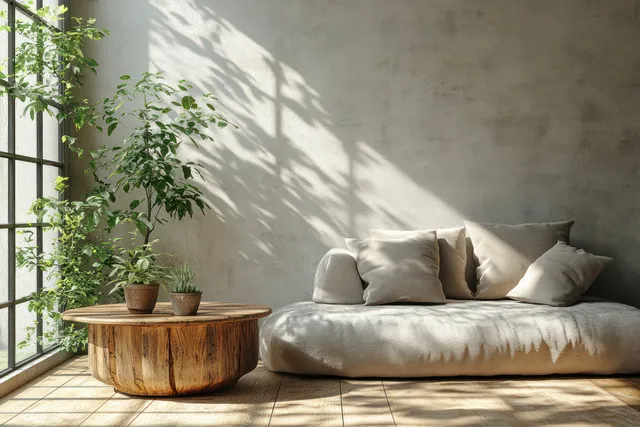 Gray sofa and potted plant on a wooden table in a sunlit minimalist living room with concrete wall shadows.