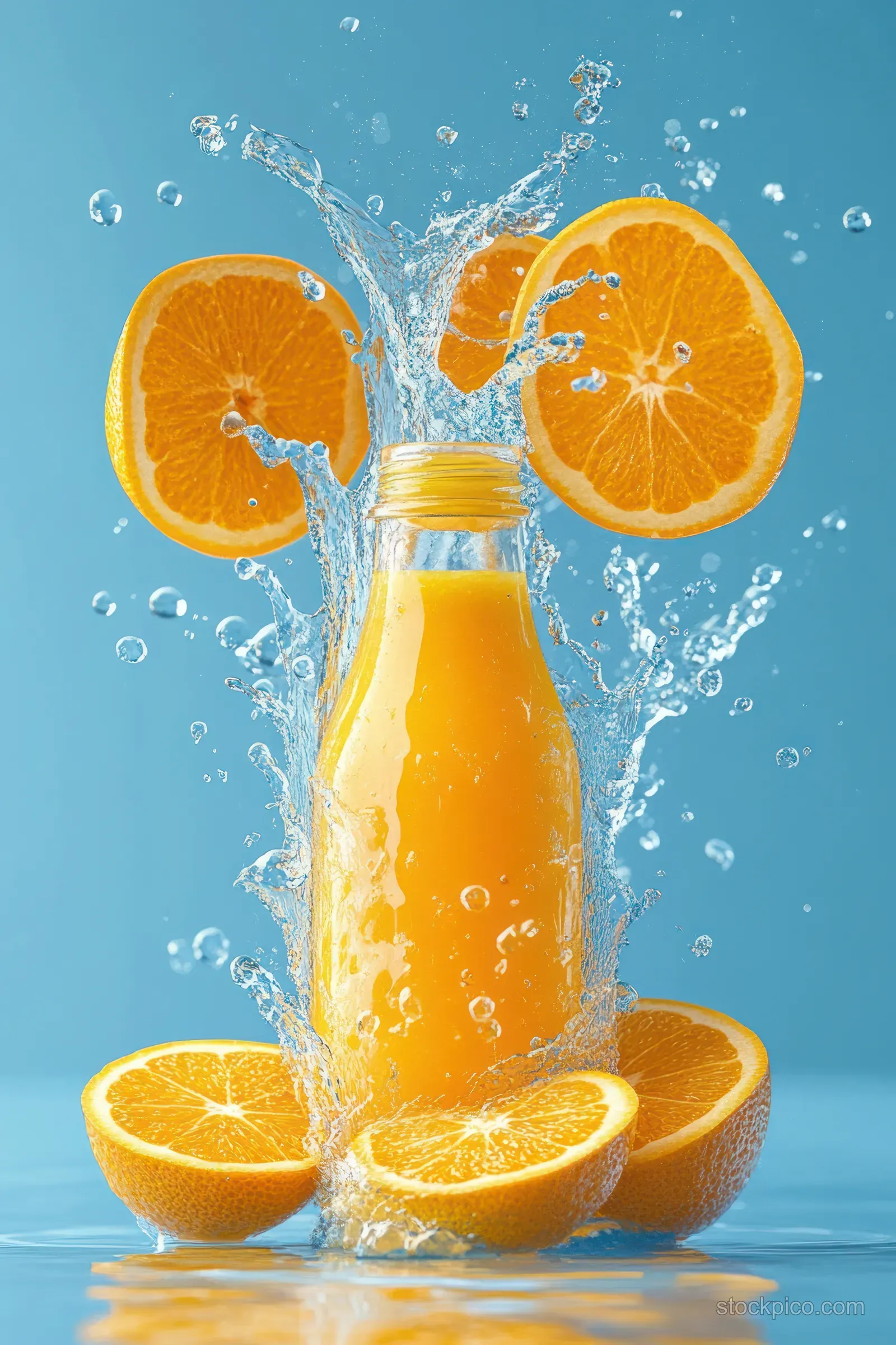 Orange juice bottle splashes with flying orange slices and droplets on a bright blue background.