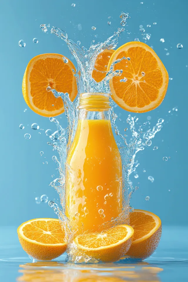 Orange juice splash with flying orange slices and droplets against bright blue backdrop