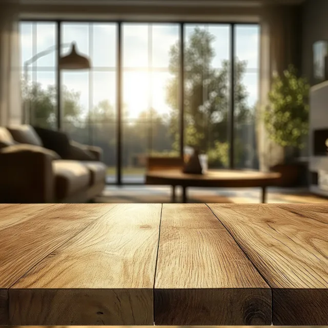 Empty wooden table in the foreground with a sunlit modern living room and a large window revealing greenery outside.