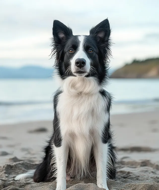 Black and white border collie sitting on a sandy beach with calm ocean and hills.