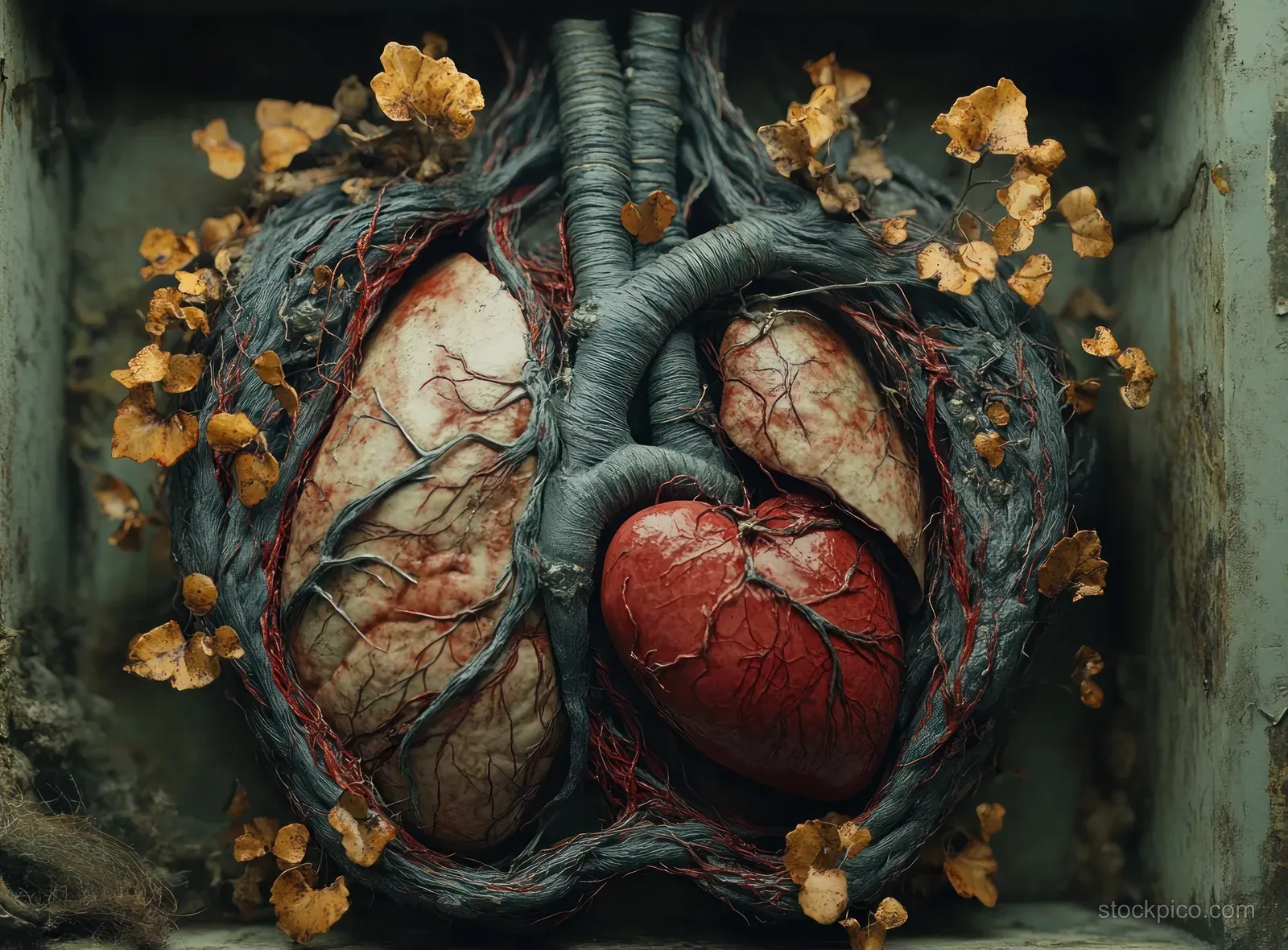 An anatomical human chest showing the heart, lungs, and branching blood vessels.