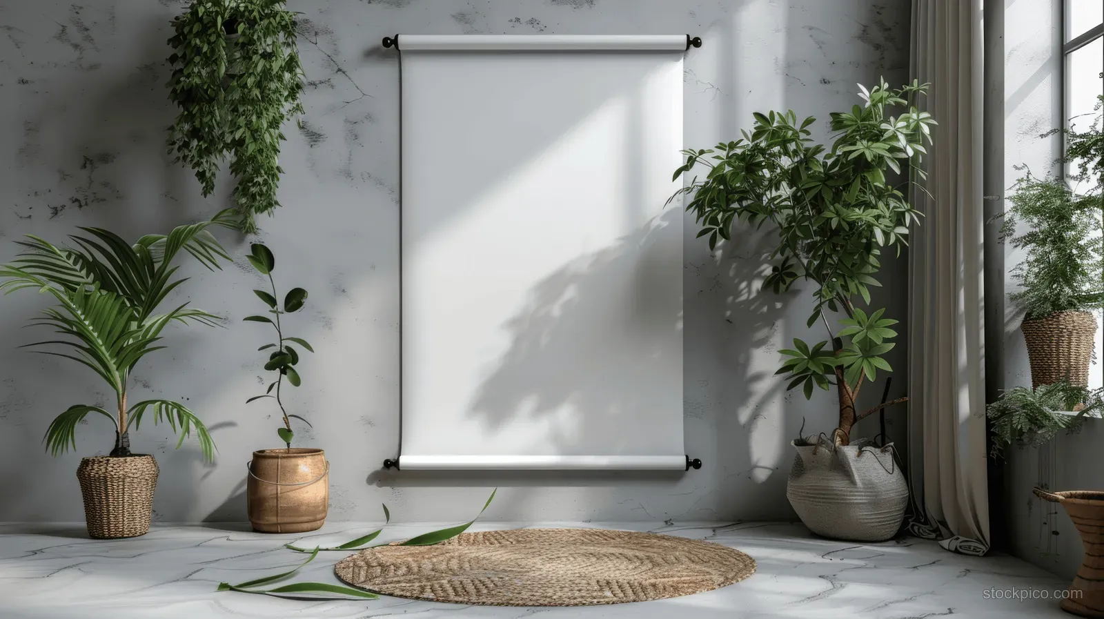 Empty roll-up banner stand in a bright indoor studio with potted plants along the wall.