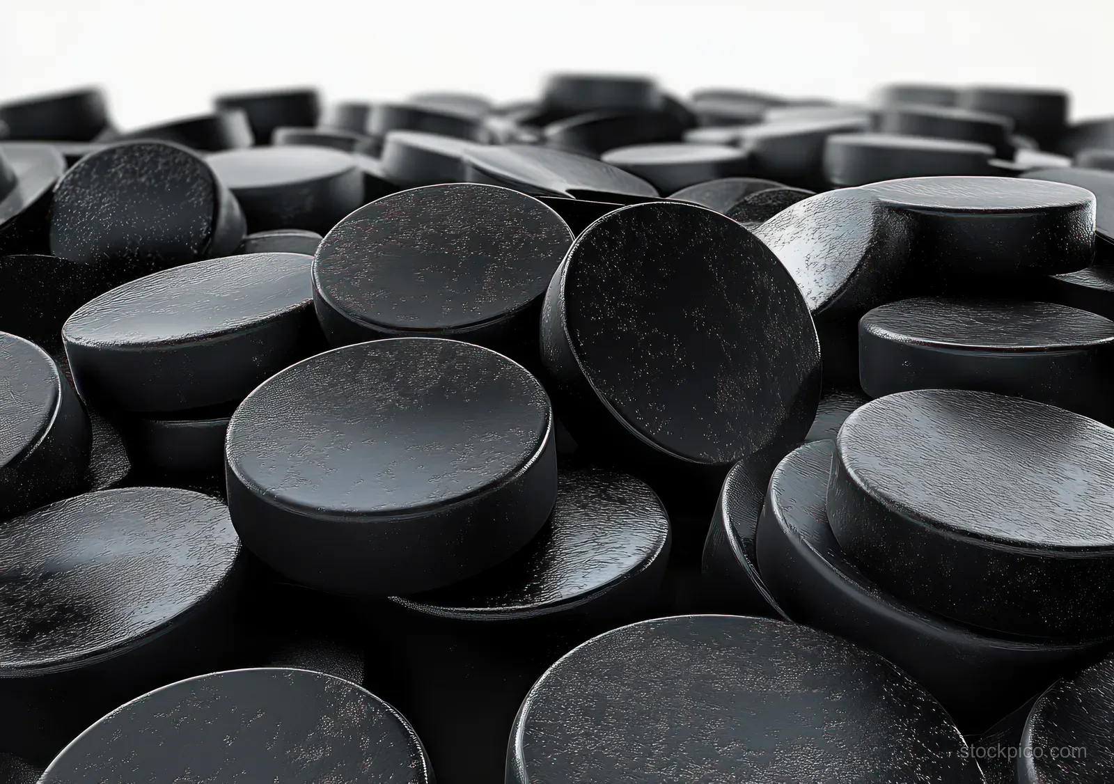 Black hockey pucks piled together in a close-up on a white background with glossy reflections.