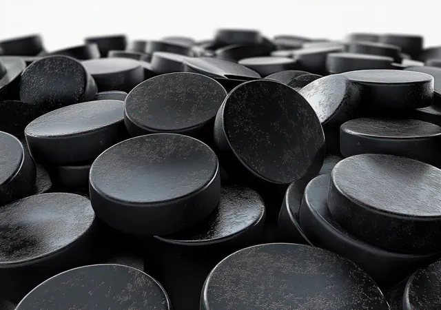 Black hockey pucks piled together in a close-up on a white background with glossy reflections.