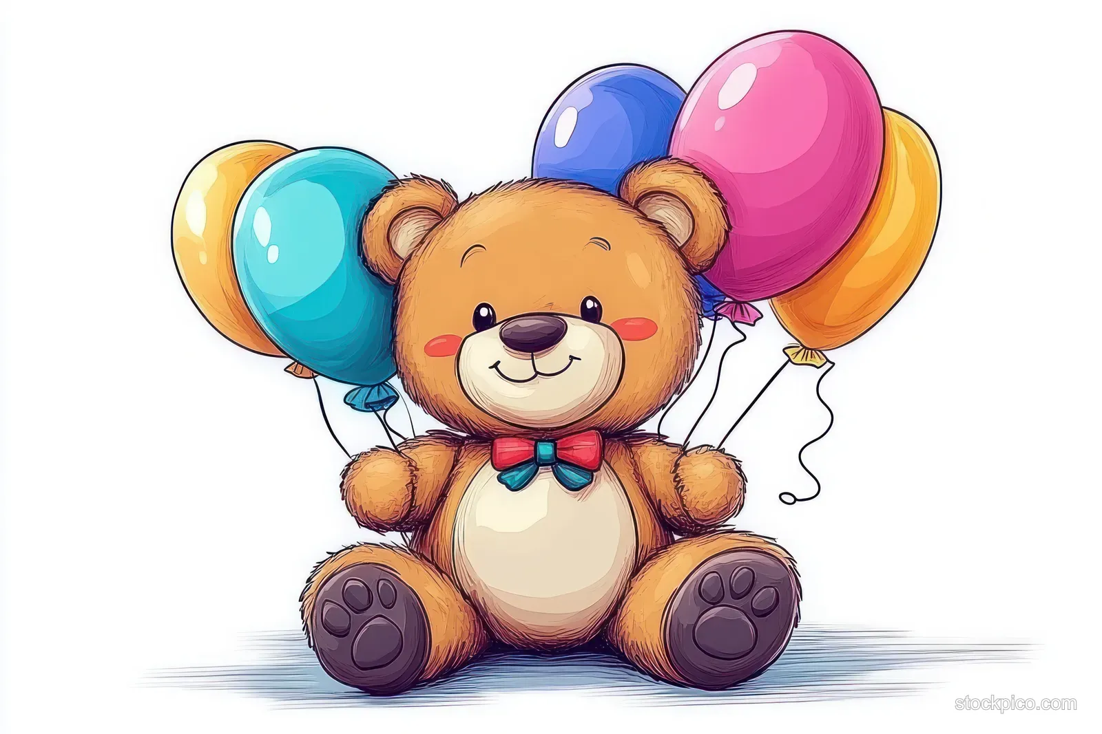 Smiling cartoon teddy bear sits holding colorful balloons above it on a white background.