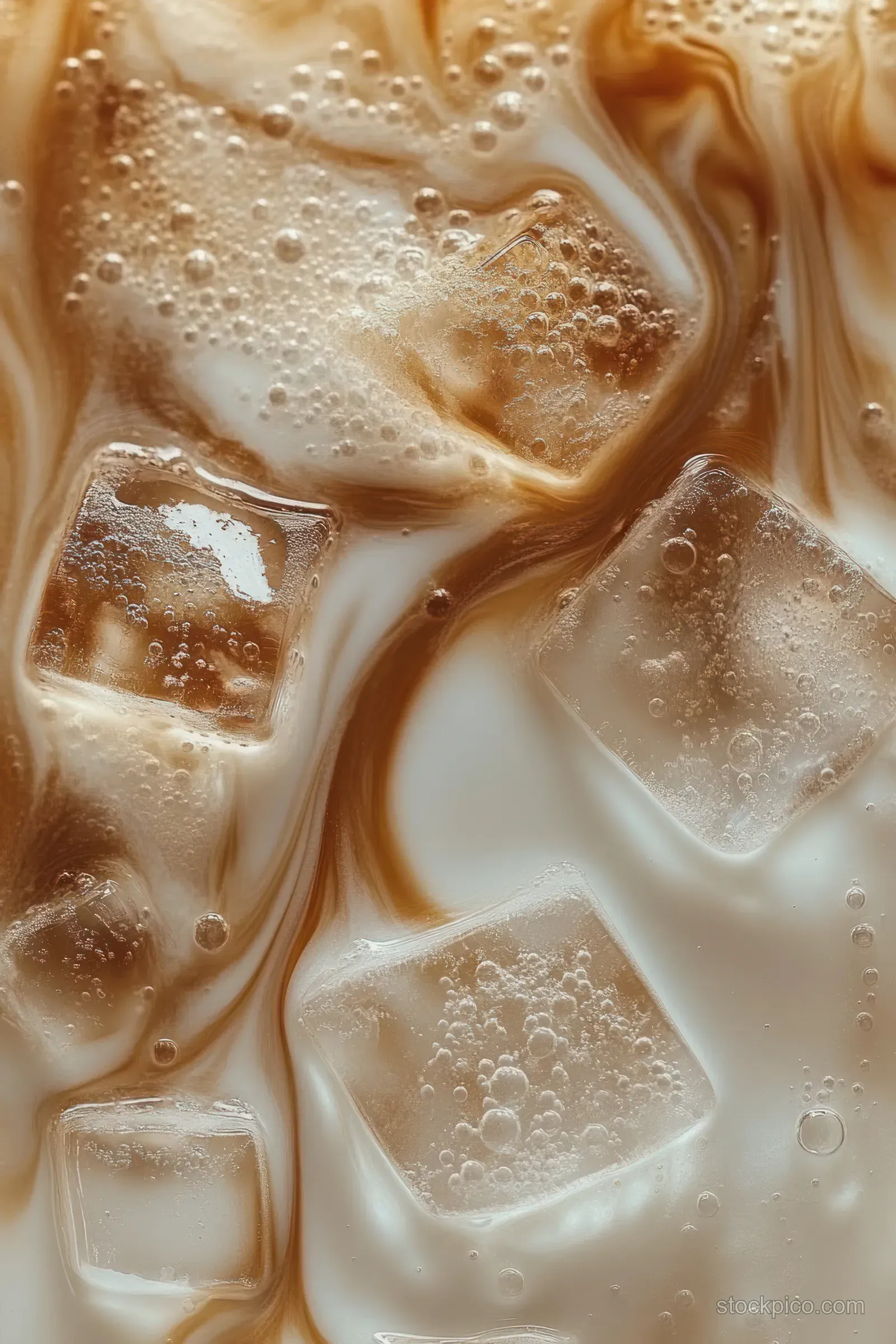 Ice cubes dissolve in creamy iced coffee as foamy bubbles swirl around them.