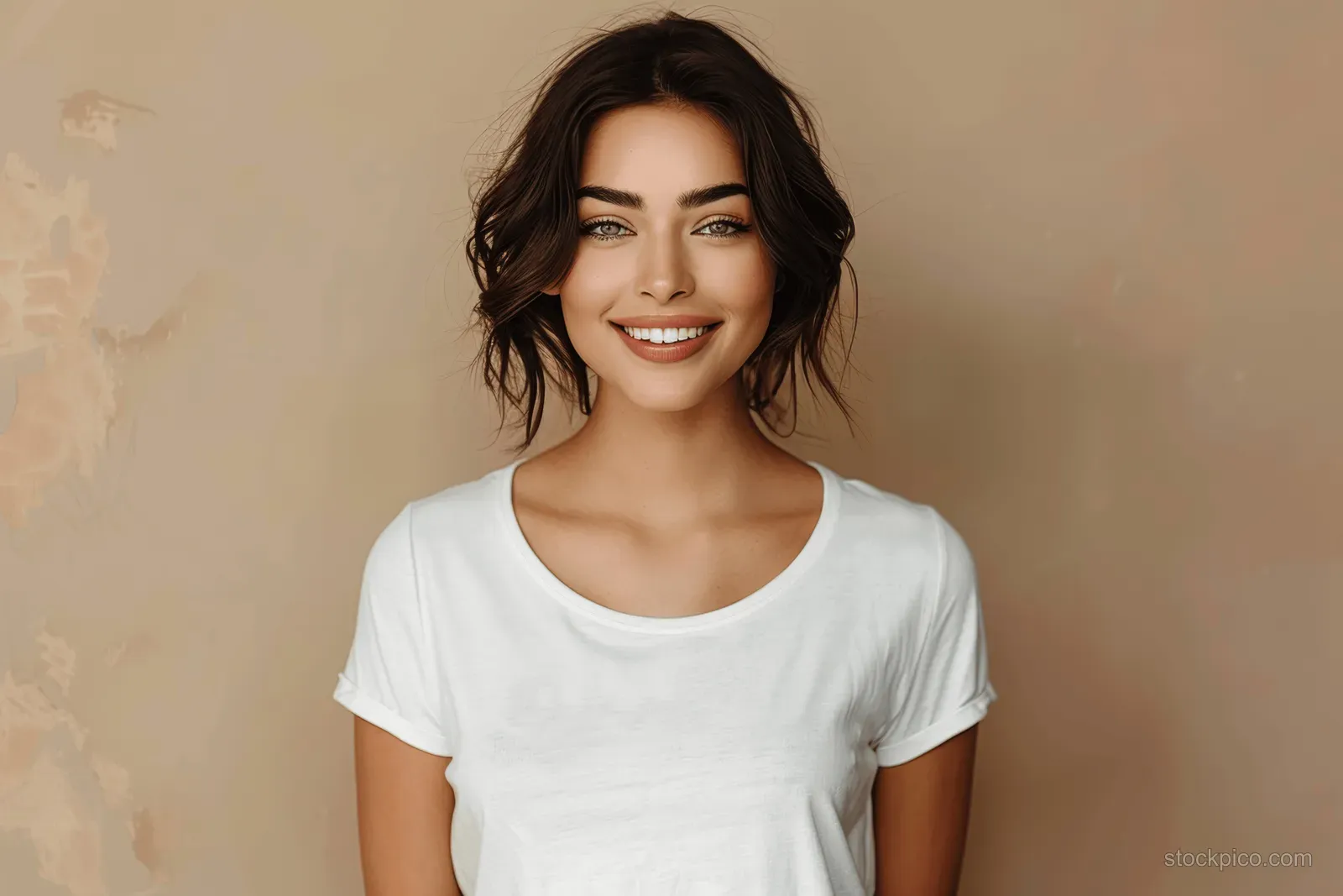 Woman smiling in a white T-shirt and jeans against a beige studio background with empty copy space.