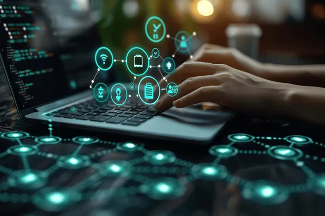 Hands on a laptop showing glowing document approval and security icons over a digital network grid.