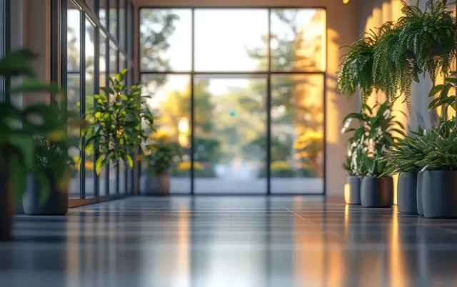Sunlit corridor with potted plants beside glass sliding doors reflecting on the tiled floor.