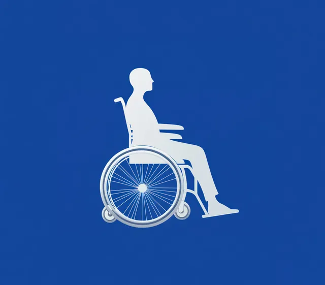 White silhouette of a person sitting in a wheelchair in profile on a solid blue background.