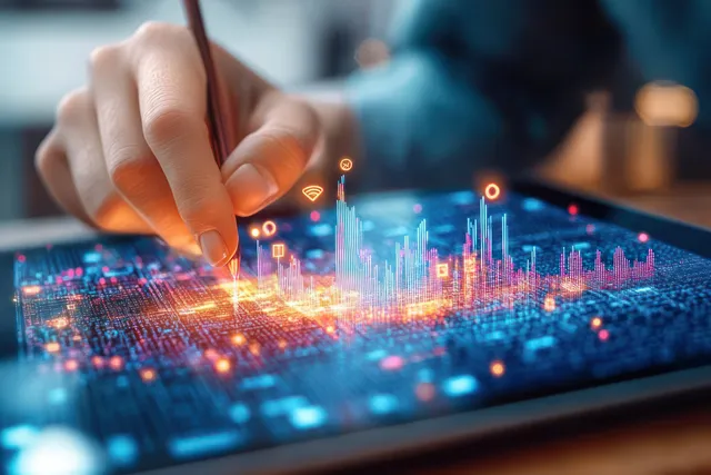 Analyst tapping financial dashboard graphs on tablet during business growth planning