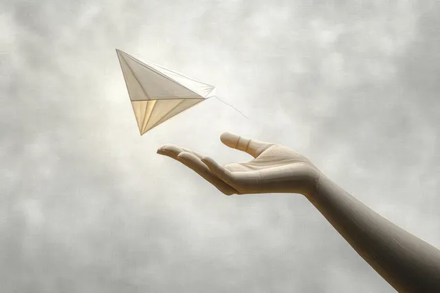 Surreal wooden hand releasing a kite into the cloudy sky with soft shadows