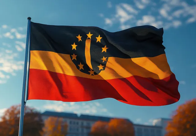 European-style flag with star circle waves on a pole against blue sky and clouds