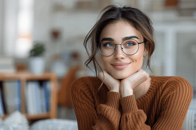 Thoughtful woman with glasses in brown sweater at cozy home