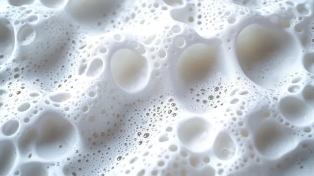 Macro close-up of white frothy soap bubbles on a wet surface under soft reflected light.