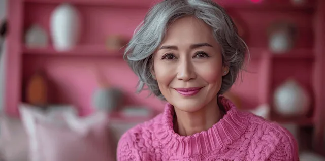 Smiling senior Asian woman in pink sweater with short grey hair posing indoors