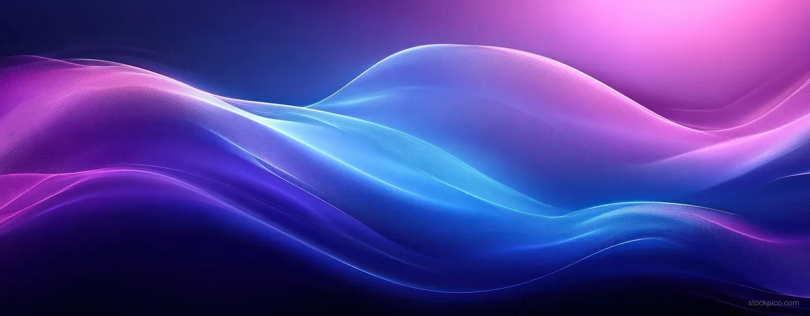 Glowing blue and purple wave curves flow across a dark gradient minimalist background.