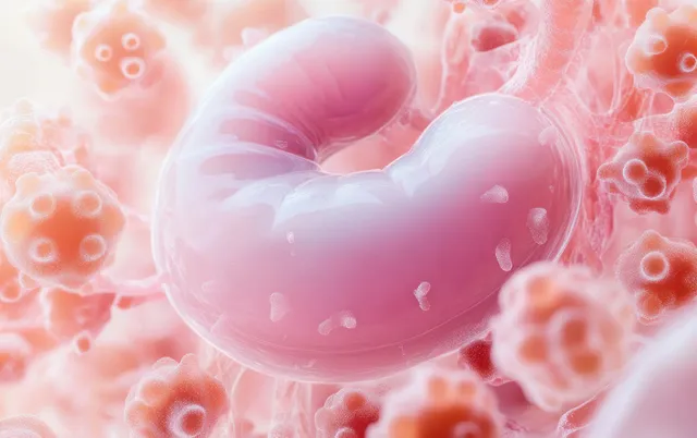 A pastel 3D stomach-shaped organ glows at center while biological cells drift around it.