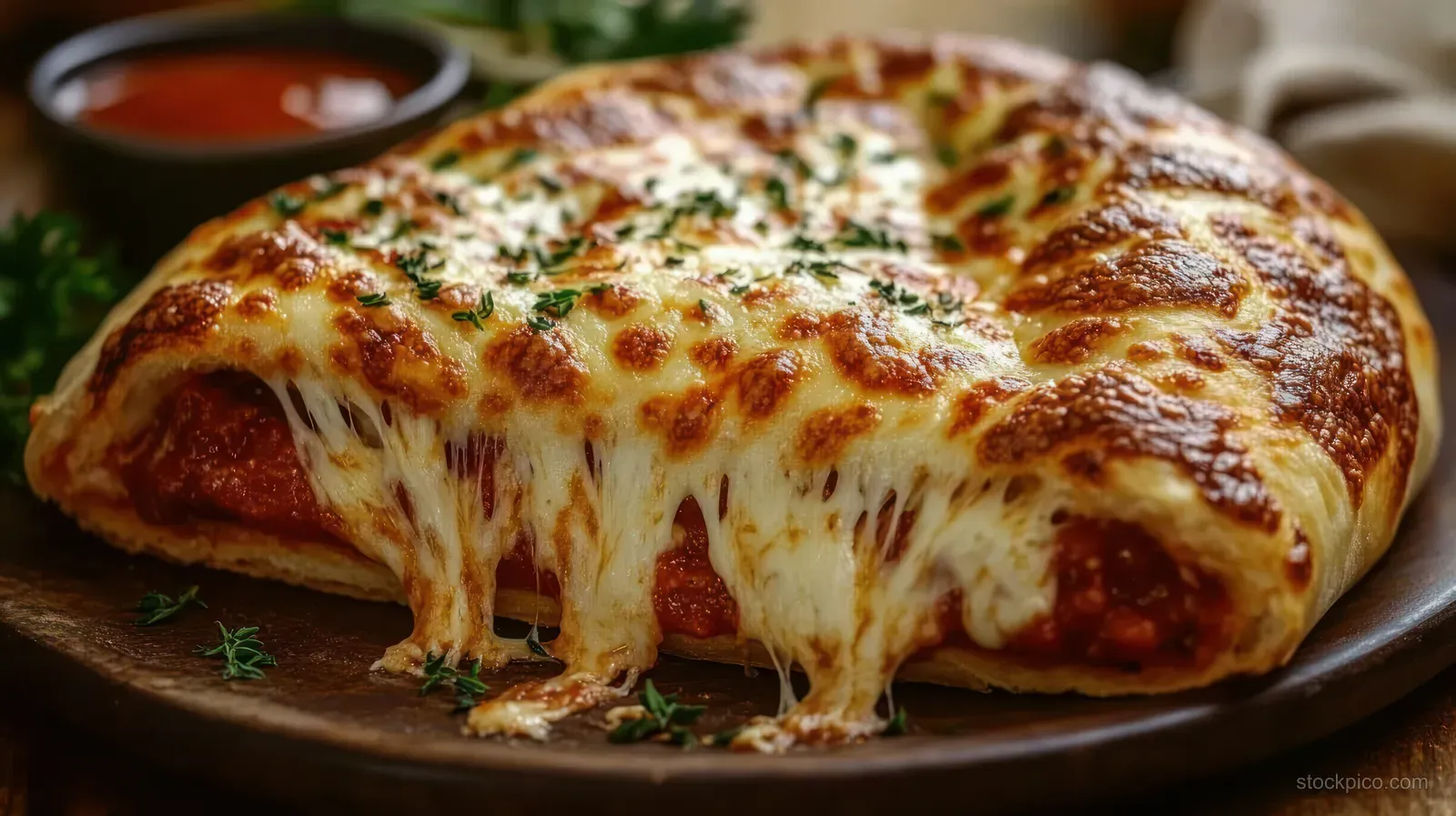 Hot baked stuffed calzone on a wooden plate with melted cheese oozing and sprinkled green herbs.