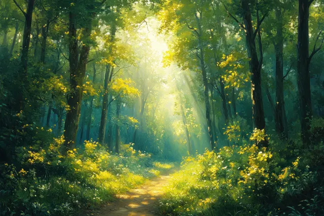 Sunlit forest path with rays filtering through leaves and tall tree trunks