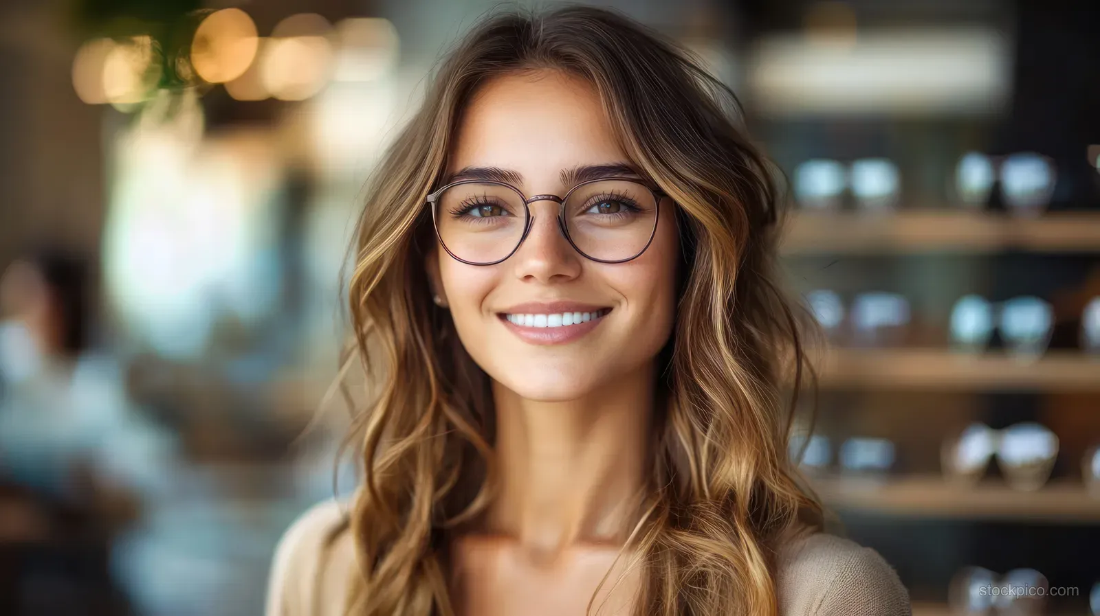 A young woman with wavy light-brown hair and glasses smiles in a softly lit cafe with blurred warm lights.