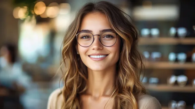 Smiling young woman with wavy light-brown hair and glasses in softly lit cafe