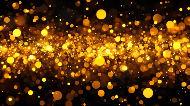 Golden bokeh light circles twinkle densely over a dark background, glowing with warm festive radiance.