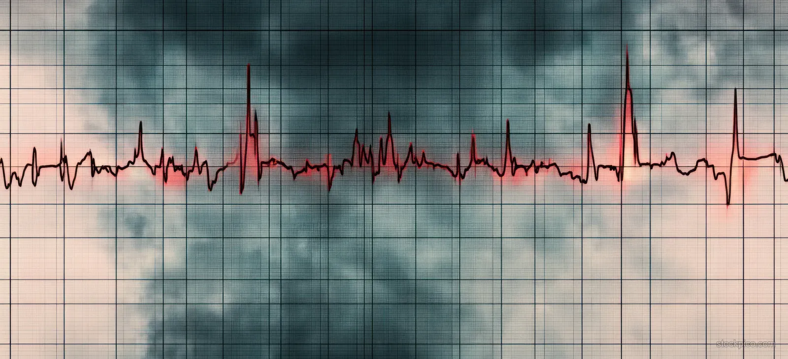 ECG tracing on grid paper with red highlighted peaks against a dark, cloudy background.