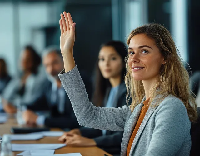 Young professional raises hand during office presentation, diverse group listening in meeting room