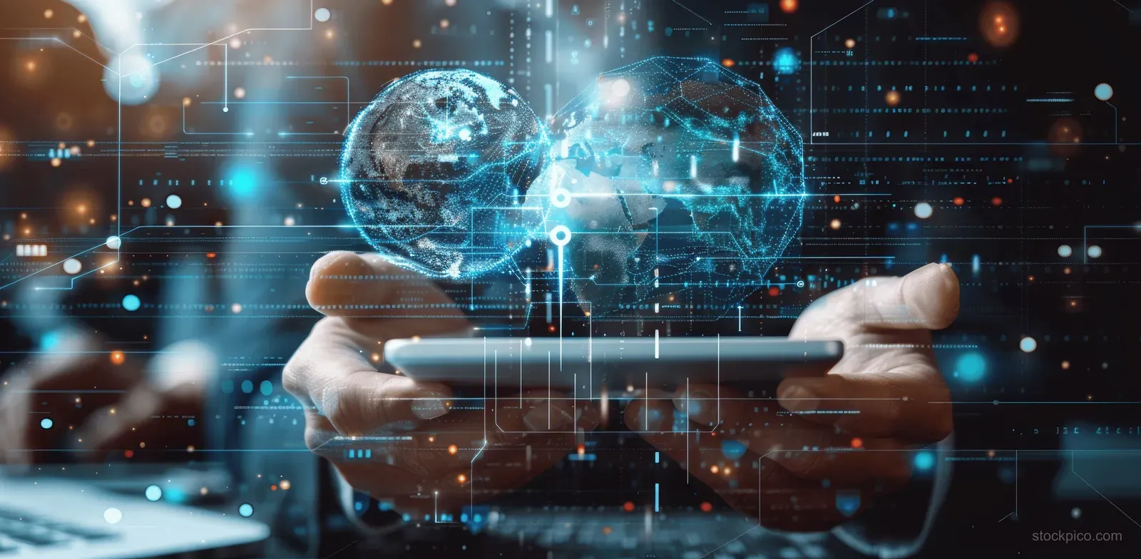 A modern illustration depicting global IT support and software engineering focused on secure networking and customer-centric digital