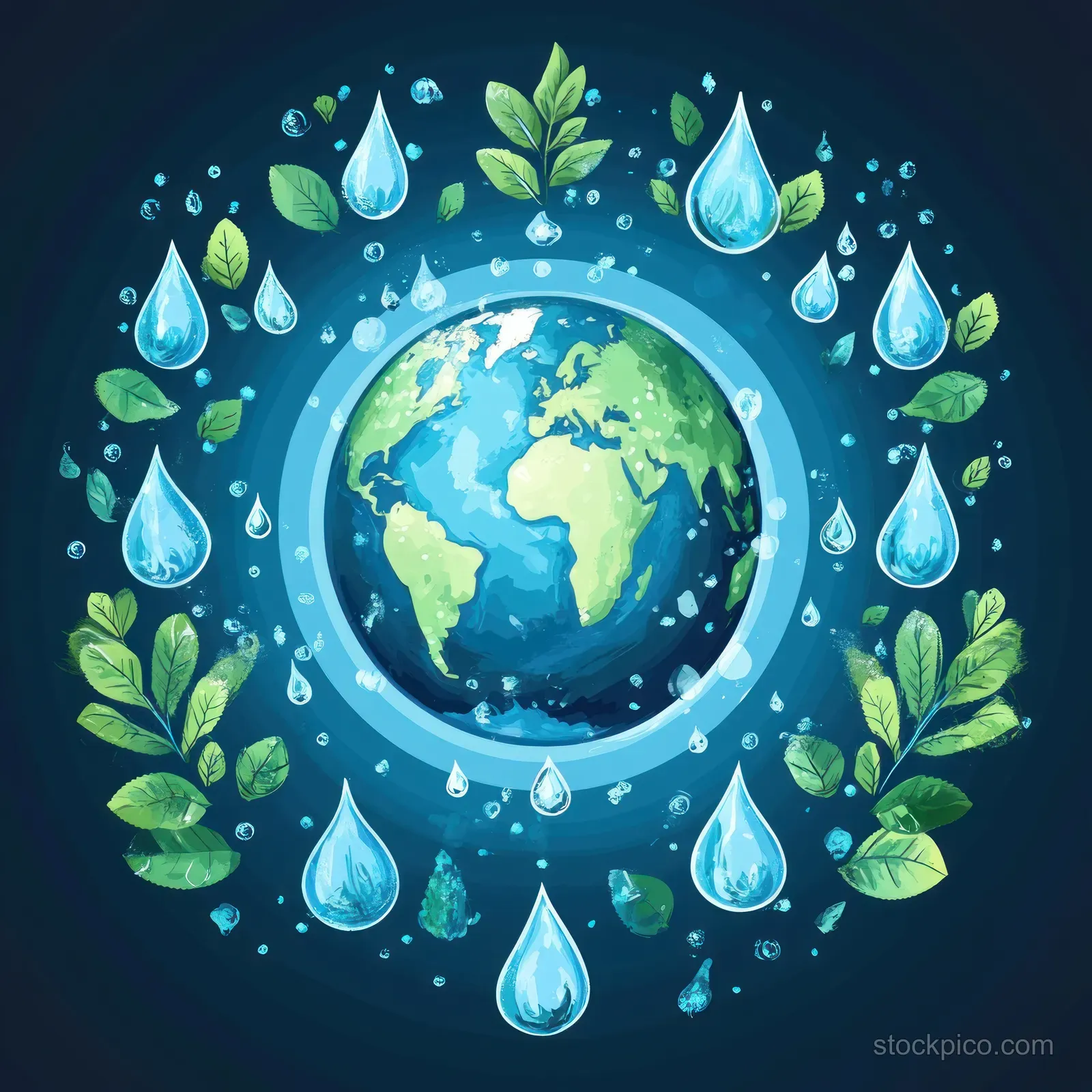 Green leaves and water droplets surround a glowing Earth inside a circular eco emblem.